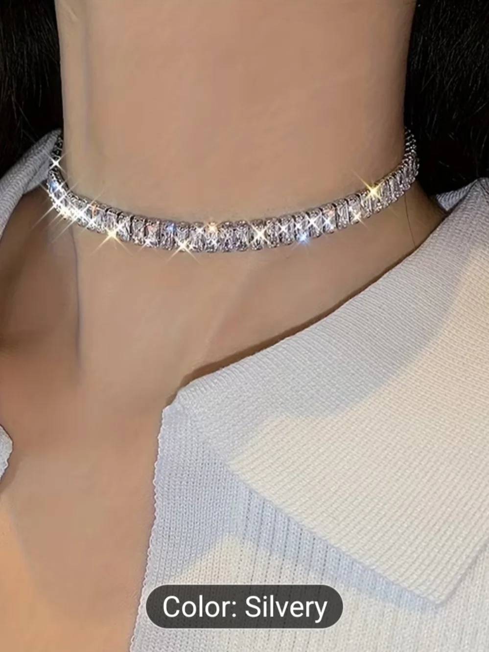Silver Crystal Baguette Tennis Necklace - Women's Sparkling Jewelry - Picture 3 of 11